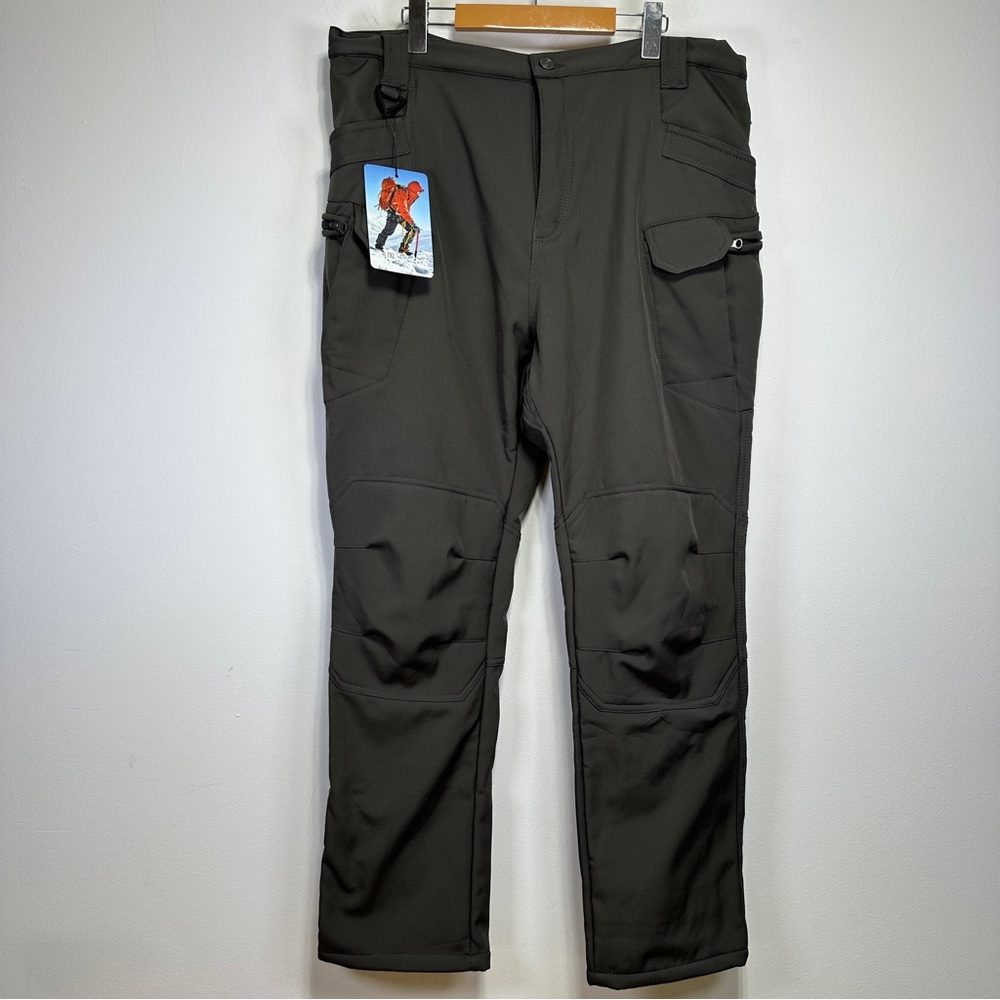 Men’s Fleece-Lined Thermal Cargo Hiking Winter Pants Dark Green XL